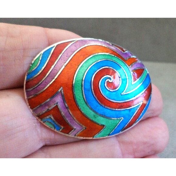 Vtg Wild RAINBOW Spiral ENAMEL +STERLING Silver BROOCH is PENDANT Blue Green Red - Picture 2 of 7